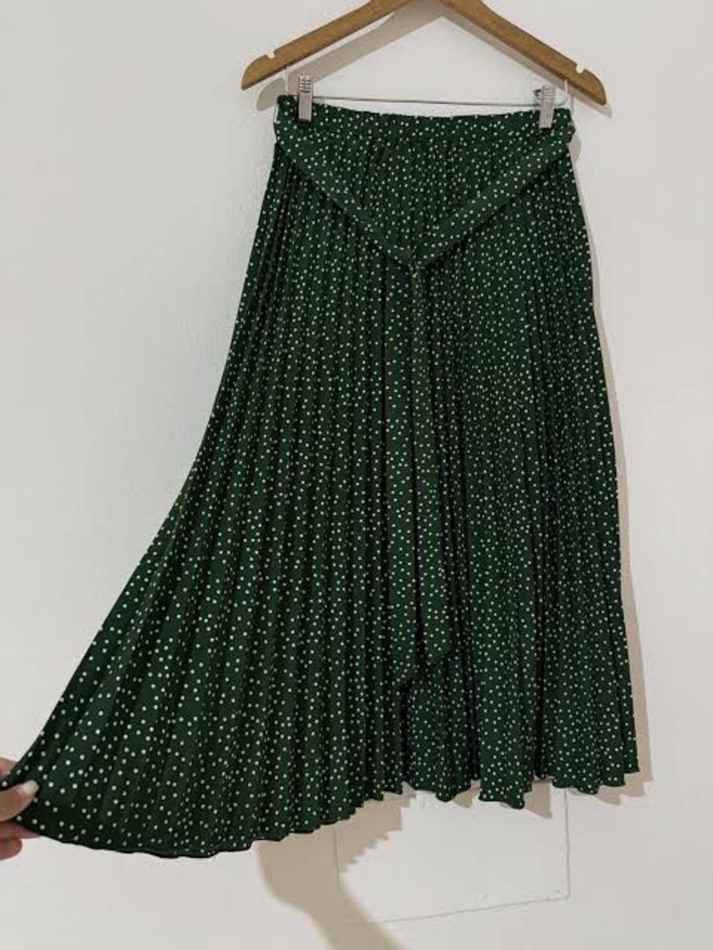 Women's Dark Green Polka Dot Pleated Midi Skirt / Size M